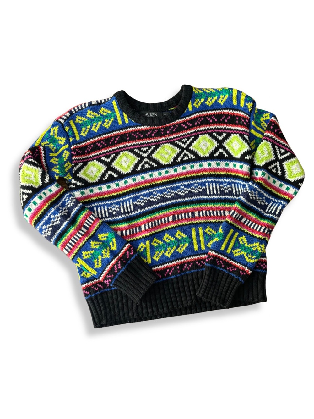 Lauren Ralph Lauren XS Fair Isle Geometric Cotton Linen Sweater Multicolor